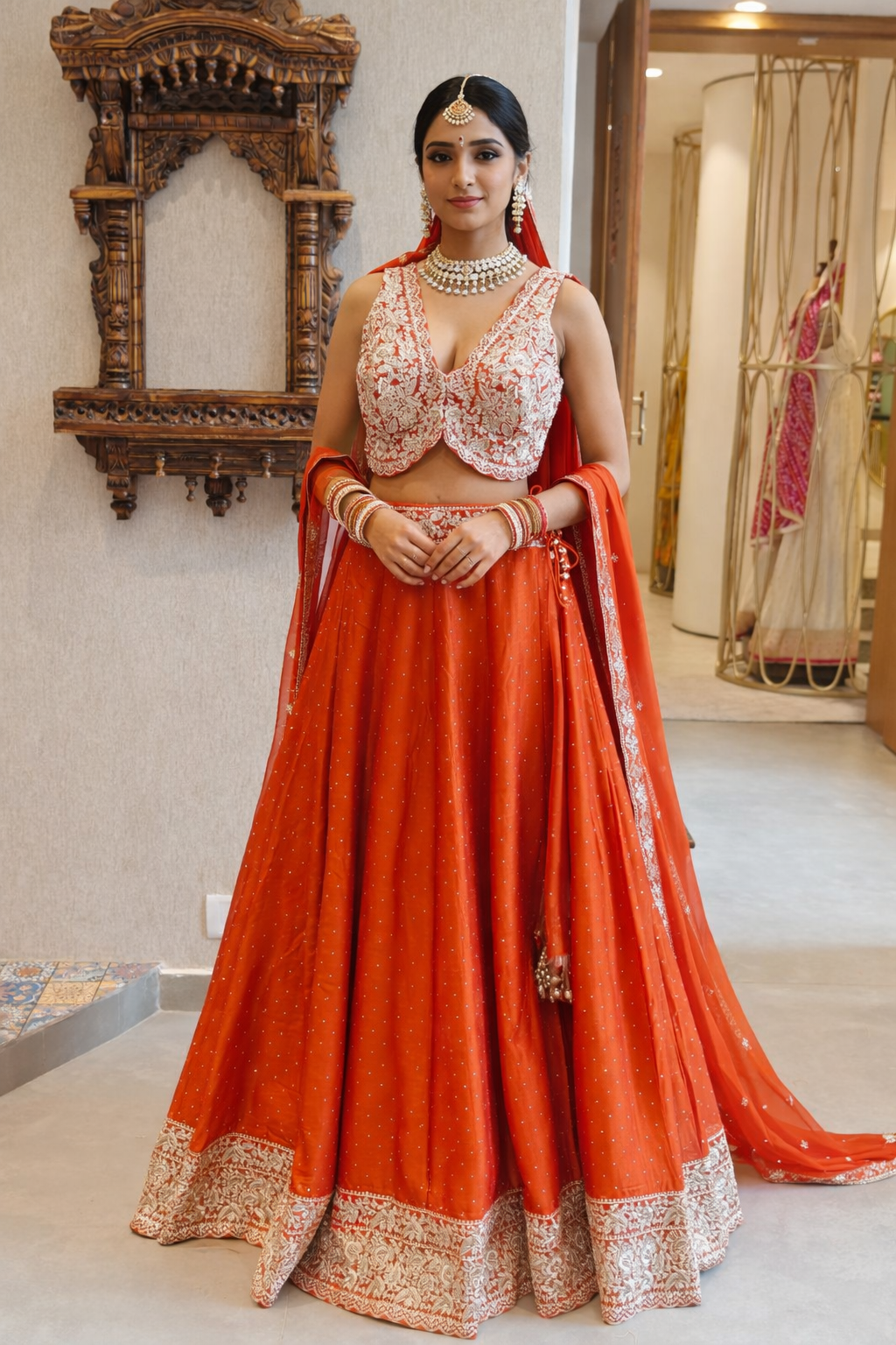Designer Orange Embroidered Silk Lehenga Choli Set with Dupatta
